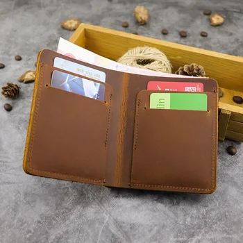 

100% Genuine Crazy Horse Leather Wallet Minimalist Men Short Wallets Vintage Billfold 2 Fold Simple Men's Small Purses Cowhide