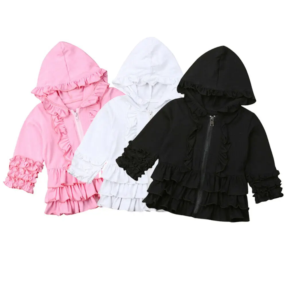 6 стильная куртка для маленьких девочек осенняя одежда однотонная толстовка на молнии с оборками Повседневная Верхняя одежда с капюшоном