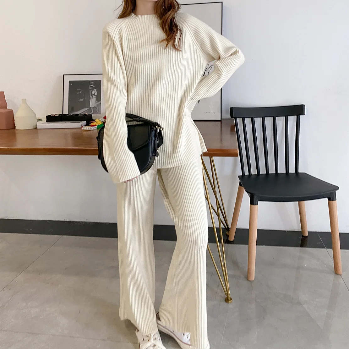 

Winter Women's Casual OL Commute Slim Shirt Oversize Loose Pant Bell-bottoms Women's Sweater Set