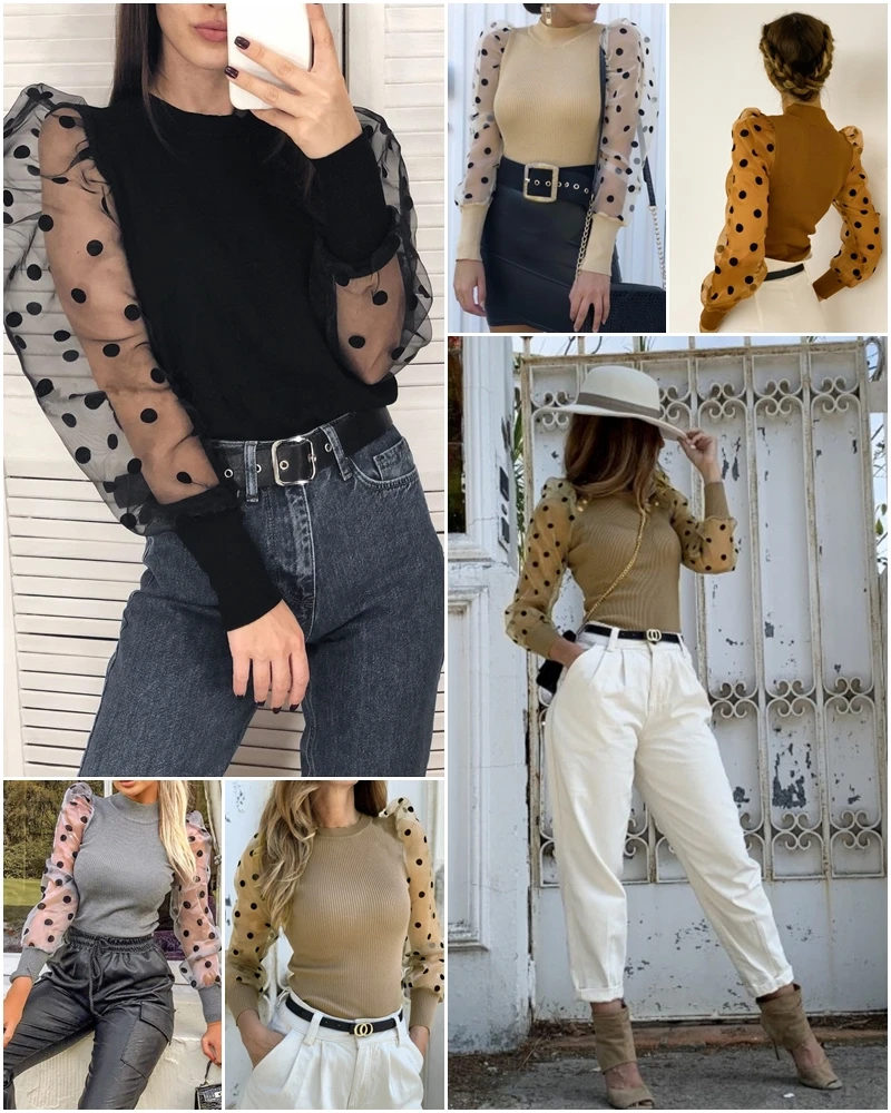 Elegant Puff Polka Dot Blouse Cheap OC0167