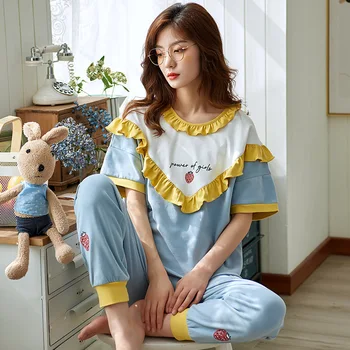 

New Cotton Summer Sleepwear Printing Cute Pajamas Female Crew Neck Homewear Lounge Princess Nightwear Women Two Set Piece Pyjama