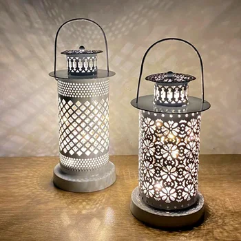 

Hollowed Out Landscape Battery Powered Iron Outdoor Garden With Handle Hanging Lantern Portable Atmosphere LED Candle Light Home
