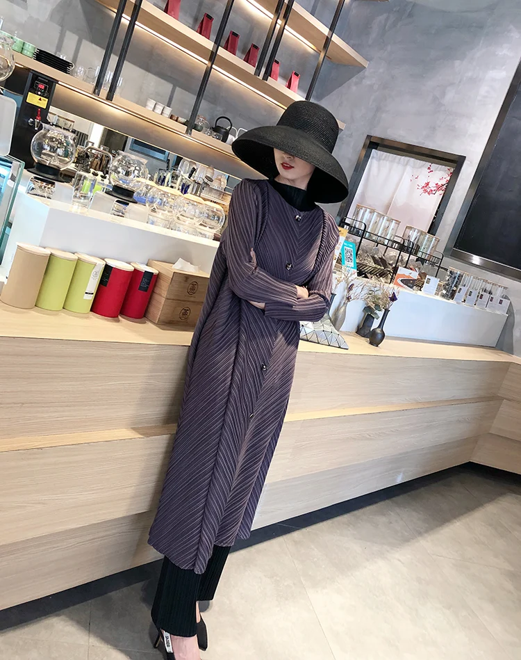 Горячая Miyake модная однотонная ветровка с круглым вырезом и длинными рукавами на одной пуговице