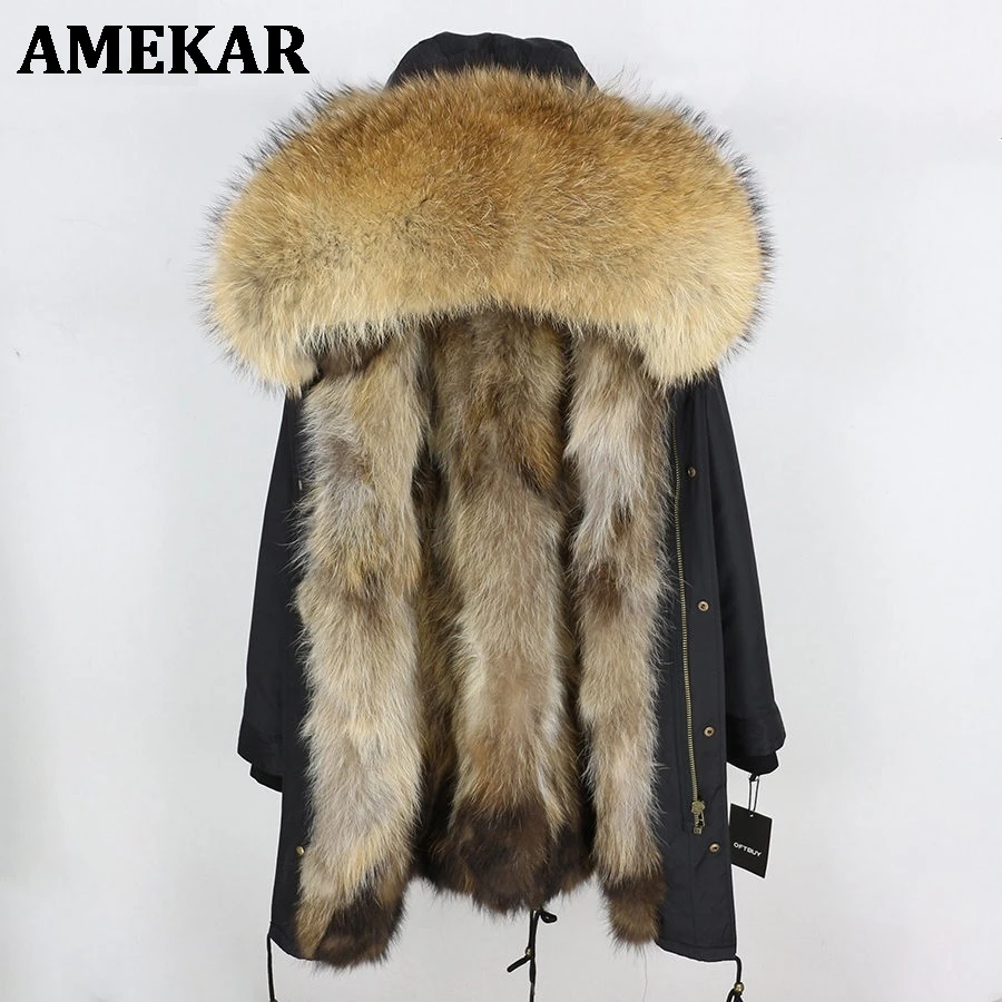 Chaqueta de invierno de piel auténtica para mujer, Parka larga impermeable, gran cuello de piel de mapache, capucha gruesa y cálida, forro de piel de zorro Real, 2021