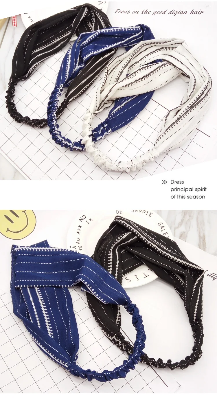 Imported from South Korea Geometry Abstract Lines jiao cha kuan Chiffon Hair Band Black And White with Pattern Cotton Linen Larg