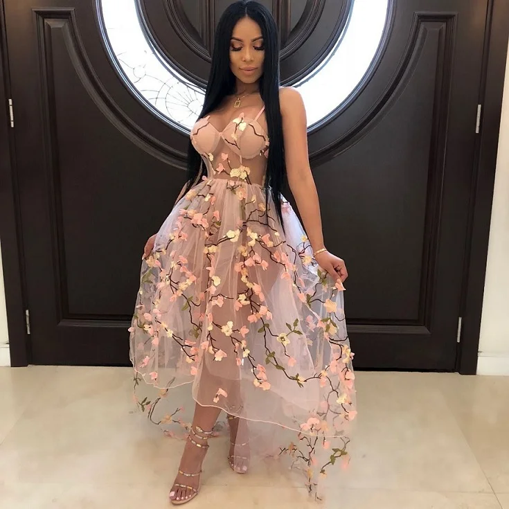 

New Women White Dress Sexy Dresses Flower Embroidery Mesh 2 Layer Lined Dress Fashion Popular High Quality see-through Plus size