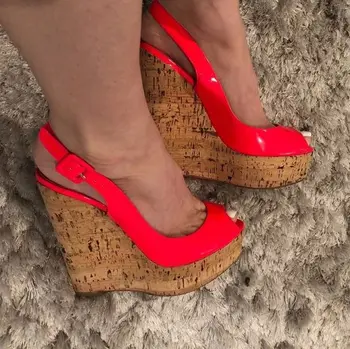 

Moraima Snc Neon Pink Patent Leather Peep Toe Sling Back Wedge Sandals Buckle Closures Platform Summer Sandal Woman Shoes