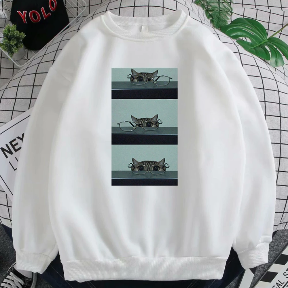 

Cute Glasses Cat Printed New Warm Autumn Sweatshirts Womens Punk Fleece Hoody For Girls Streetwear Kpop Women O-Neck Hoodies