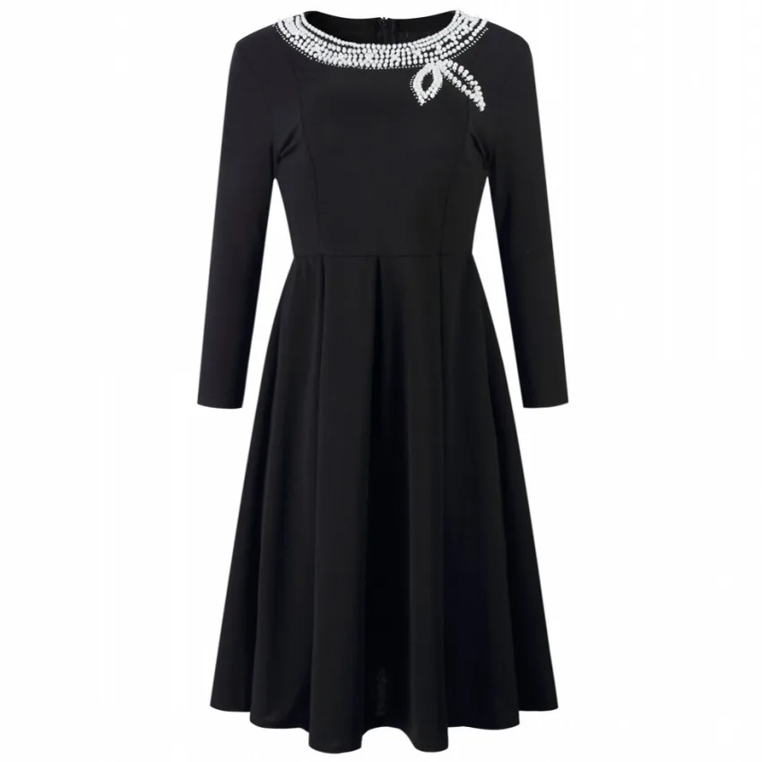 

Autumn Vintage Elegant Office Ladies Women Midi Dresses Black Plain Beads Evening Party Female Retro 2019 Chic Midi Dress