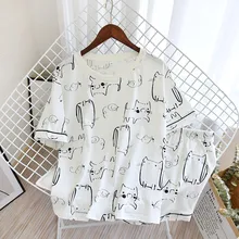 Summer Knitted Cotton Pajamas Women Cartoon Short-sleeved with Shorts Ladies Pajamas, Comfortable and Thin Home Wear