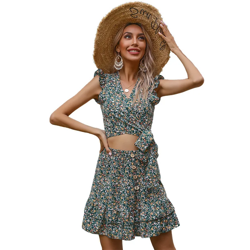 New Style French Floral Wrap-around Button Decoration Folds Ruffled Small Vest Suit Female Two-piece Sukienka Zestawy |