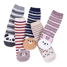 5 пар, свежий стиль, женские хлопковые короткие носки в полоску, мультяшный принт с животными, hosiero