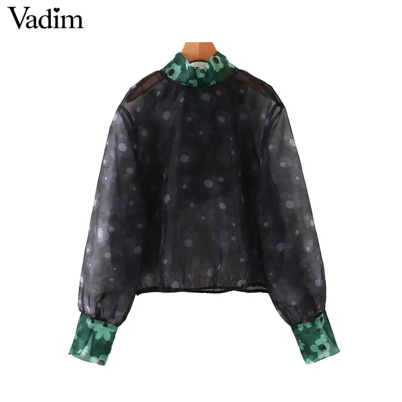 Vadim women chic dots print bow tie collar blouse Organza lantern sleeve office wear female shirt see through tops blusas LB739