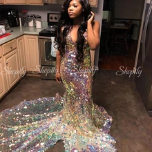 Блестящие длинные элегантные женские платья выпускного вечера v-образным вырезом без рукавов блесток Русалка африканская темнокожая девушка вечерние платье для выпускного вечера гала платья