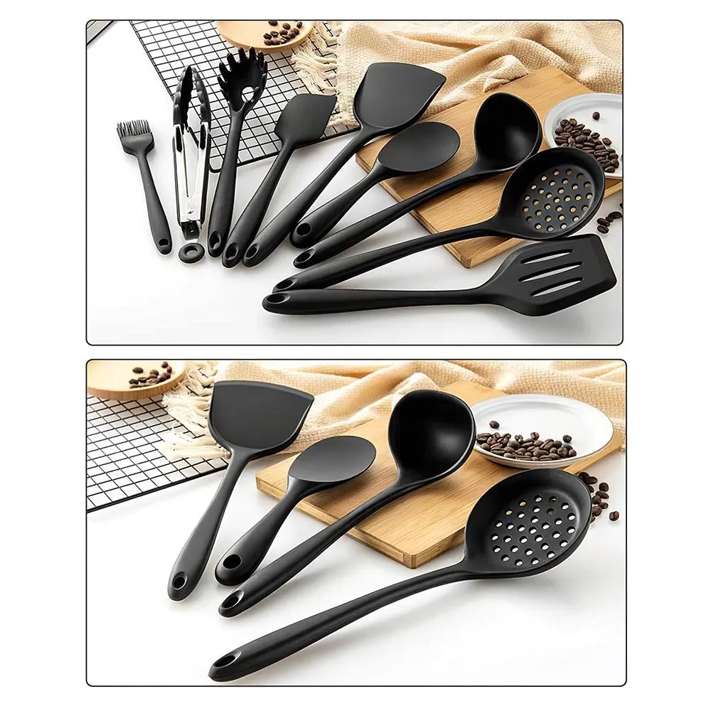 Kitchen Utensils Set 10pcs Silicone Non-stick Barreled Cooking Utensil All  Over Silica Gel Utensil With Gift S Shaped Hooks Black