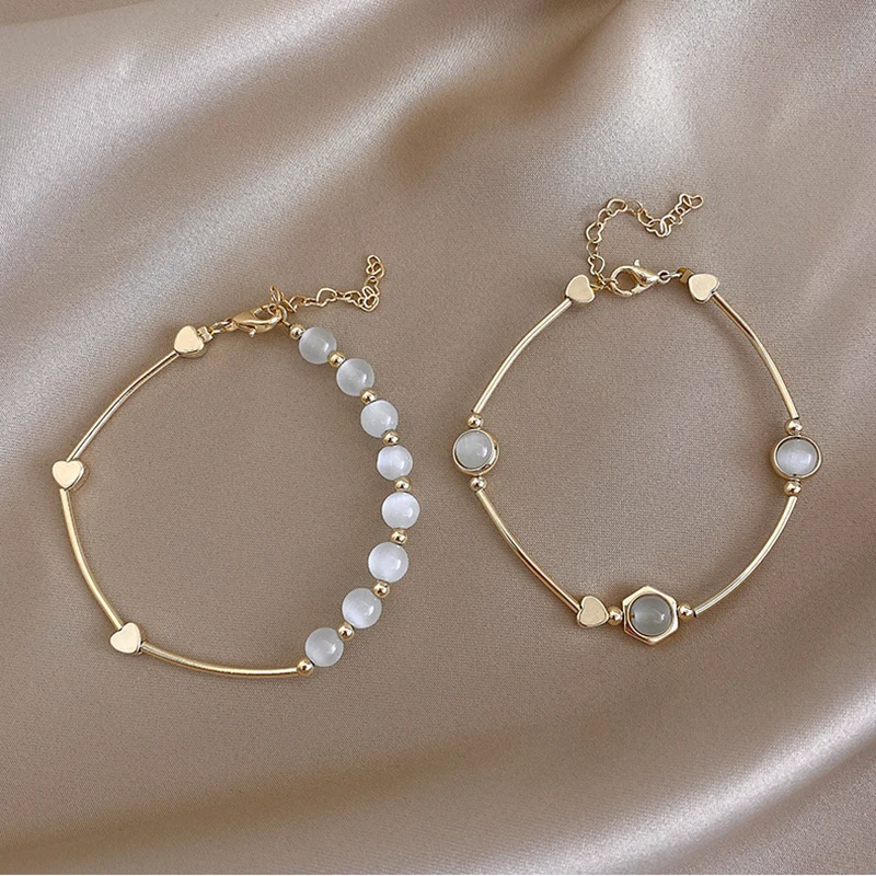 Classic Opal Round Bead Heart-Shaped Metal Bracelets For Woman
