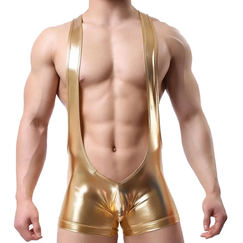 Uomo Sexy Wet Look Canottiera Boxer Slip Bretella Abito Da Wrestling Body Ringer Mankini Body Body Lingerie Fetish Wear