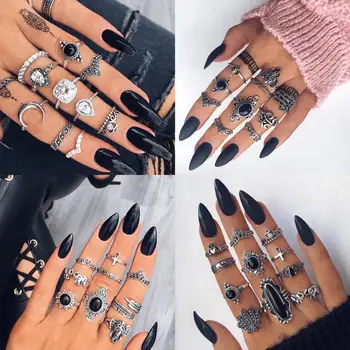 

15 P/set Bohemian Retro Crystal Flower Southeast Asian style Silver Ring Set Women Wedding Anniversary Jewelry Gift Party Ring