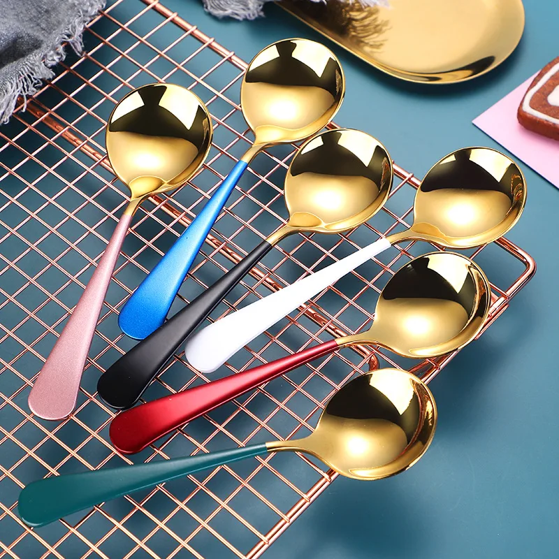

2PCS/Set 15.8cm Creative 304 Stainless Steel Spoon Dinner Stirring Spoons Coffee Ice Cream Drink Dessert Round Spoons Tableware
