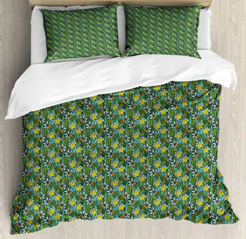 

Flower Duvet Cover Set Cartoonish Pattern with Daffodil Branches 3 Piece Bedding Set Forest Green Multicolor