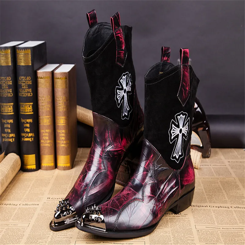 

New Winter Shoe Genuine leather Men Pointed Toe Metal Tip Men's Dress Boots Fashion Rivet Red Retro Mens Wedding Shoes