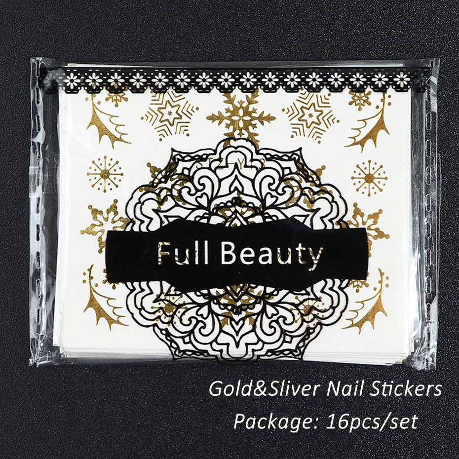 16pcs Gold Sliver Nail Art Stickers Snowflake Water Decals Christmas Nail Foil Transfer Sliders All For Manicure Tips SASTZ-YA