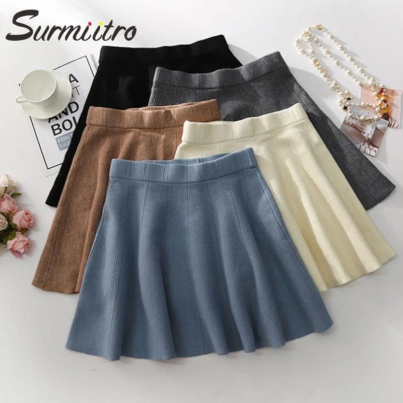 

Surmiitro Knitted Mini Skirts Women 2019 Autumn Winter Casual Ladies Elastic High Waist Korean A Line Blue Black Skirt Female