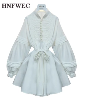 

Women Dress Lantern Sleeve Bandage White Vintage Dresses Long Sleeve Stand Collar Vintage Sexy White Dresses 2020 New P205