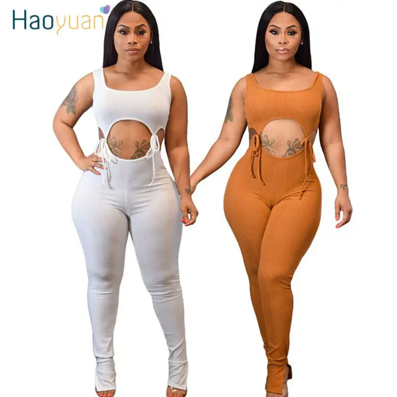 HAOYUAN Sexy Hollow Out Lace Up Rompers Womens Jumpsuit Summer Body Clothes One Piece Club Outfits Sleeveless Bodycon Overalls