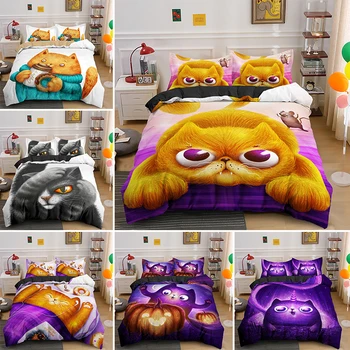 

Christams Halloween Bedding Set 2/3 Pieces Fat Cute Cat Quilt Duvet Cover Sets With Pillowcase King Size
