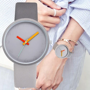 Femmes montre gris contraste cuir montre à Quartz femmes hommes montres amoureux unisexe décontracté dames montre-bracelet horloge Relogio Feminino
