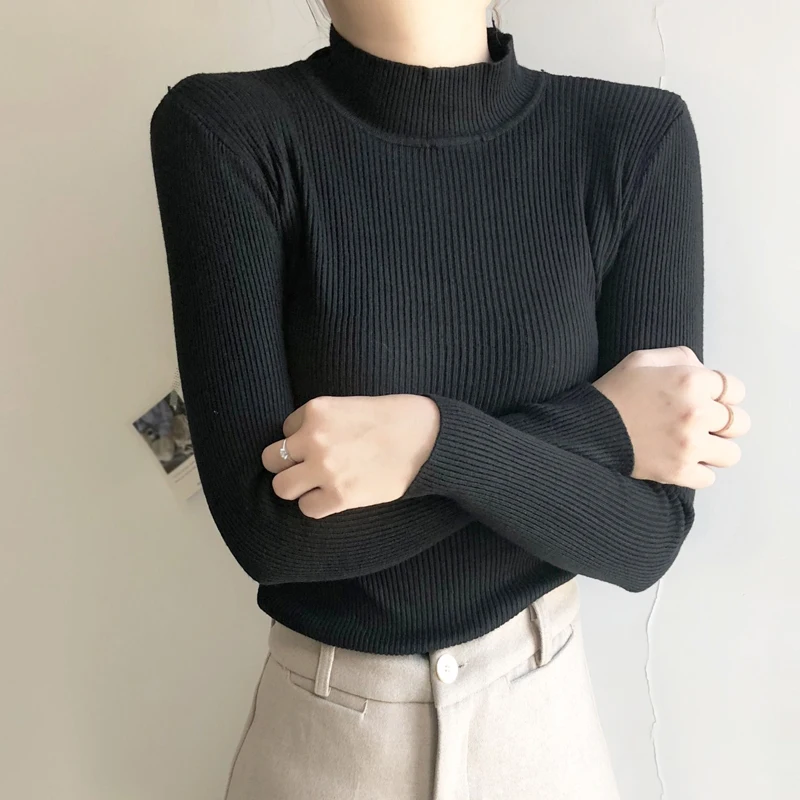 Gagaok новые осенние зимние пуловеры для женщин водолазка свитер Повседневная Базовая рубашка с длинным рукавом короткий корейский Тонкий стрейч Топ