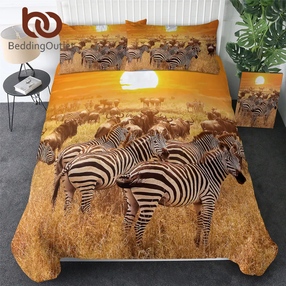 BeddingOutlet Zebra Bedding Set 3D Printed Sunset Duvet Cover Animal Bed Cover with Pillow Case Queen Tropical Bedspreads