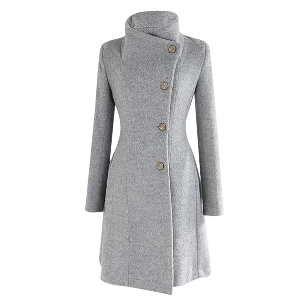 Зимнее женское Шерстяное Пальто, Однотонное шерстяное пальто с длинным рукавом и отворотом, однобортное Женское пальто, шерстяное пальто
