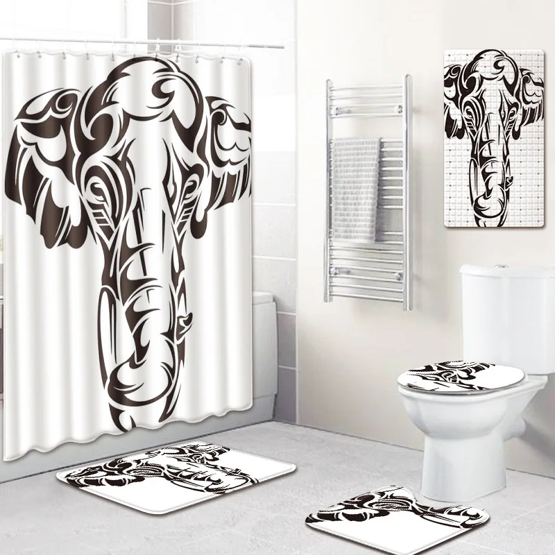 S Black and White Animal Sketch Bath Mat 5 Piece Shower Curtain Kitchen Absorbent Non-slip Carpet Bathroom Flannel Mats Toilet