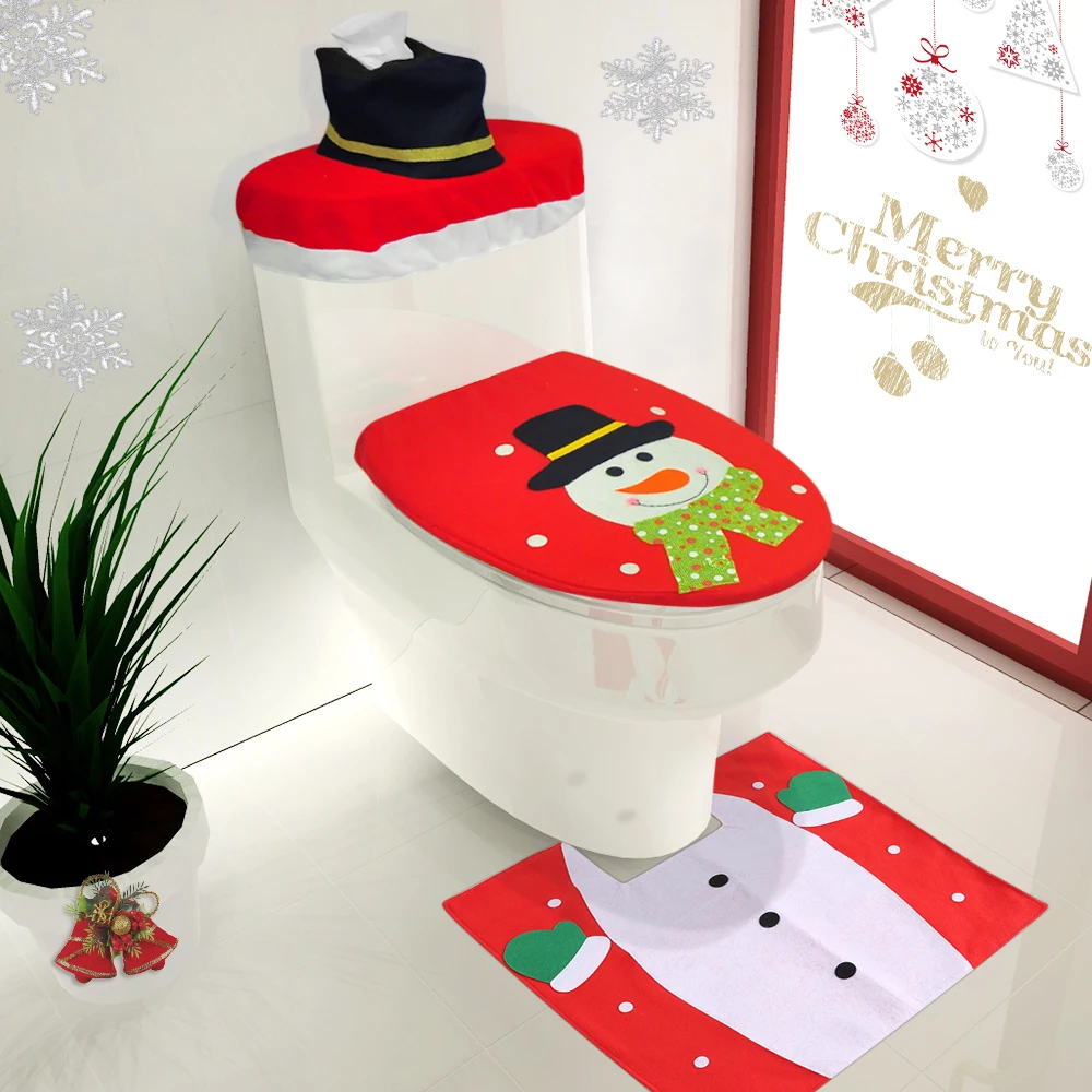 3pcs/set Christmas Decorations Toilet Seat Cover+ U-shaped Rug+ Tank Lid Tissue Box Cover Set Christmas Decoration for Home