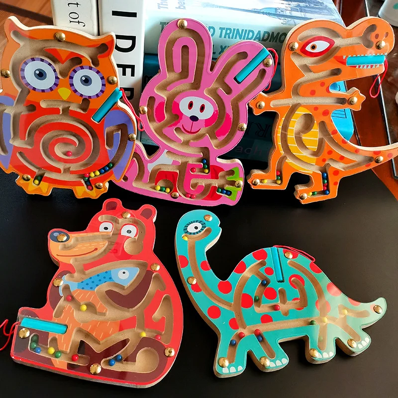 Kid Montessori Early Learning Educational Toys Wooden Magnetic Animal Maze Puzzle Dinosaur Walking Beads Labyrinth Children Toys