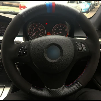 

Car Steering Wheel Cover Hand stitched Black Carbon Fiber Leather Black Suede For BMW E90 320i 325i 330i 335i E87 120i 130i 120d