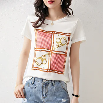 

Women Summer Casual Tops Tees O-neck Short Sleeve Print Real Natural Silk Patchwork Cotton Lady Tee shirts White Black T-shirt