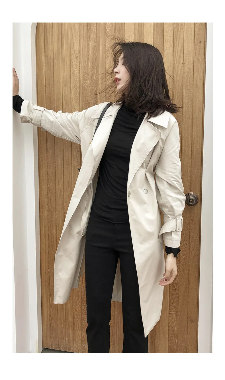 Корейский вариант осеннего длинного тренча, пальто для женщин, Простой Большой карман, пояс, лацканы, Тренч, женское тонкое однотонное