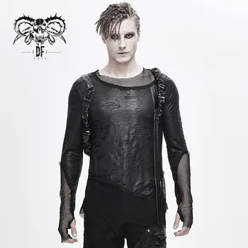 

Devil Fashion Men's Punk Rock Personality Long Sleeve T-shirt Novelty Fashion Mesh Cuffs Broken Hole Club Swear Top