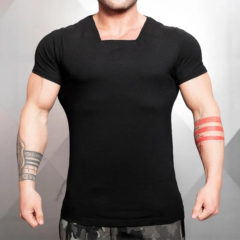 Брендовая однотонная одежда, футболка для тренажерного зала, Мужская облегающая футболка для фитнеса, хлопковая облегающая футболка, мужская летняя футболка для бодибилдинга - Цвет: black Square