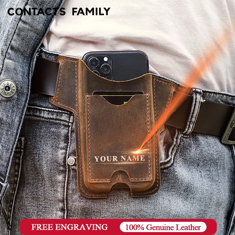 CONTACT'S FAMILY 100% Cow Leather Phone Case for iPhone 12 Men Cellphone Loop Holster Case Belt Waist Bag Purse Phone Wallet