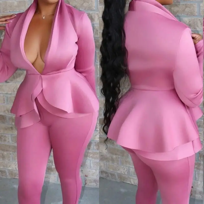 

Nice Women 2 Pieces Casual Work Sets Lady Sexy Office Suits Solid Ruffles Deep V Neck Pullover Top And Long Pants Sets