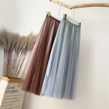 

2020 Spring Summer Korean Elastic High Waist Mesh Tutu Skirt Tulle Skirts Womens Midi Pleated Skirt Black Pink Tulle Skirt Women