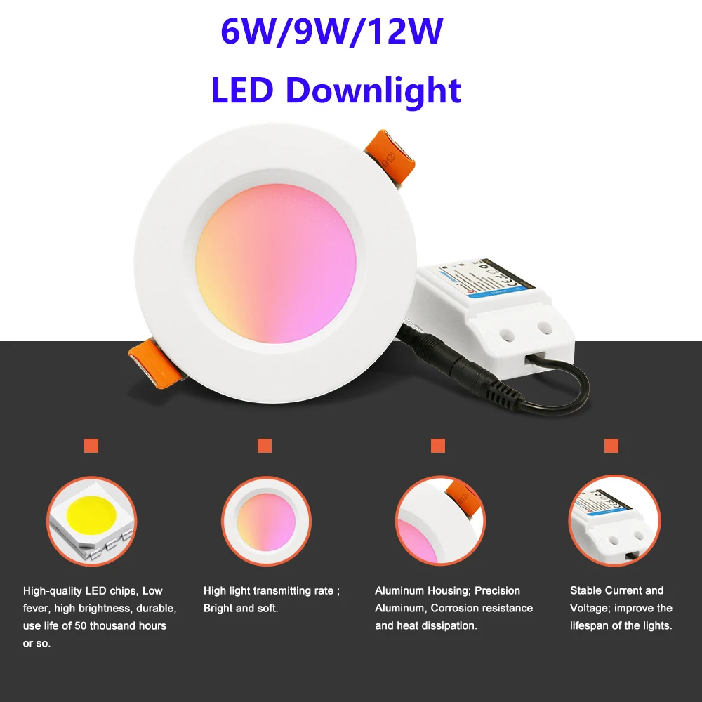 

LED RGB+CCT downlight 6W 9W 12W ZIGBEE ZLL Indoor smart AC100-240V compatible with Amazon echo plus and many gateways colors