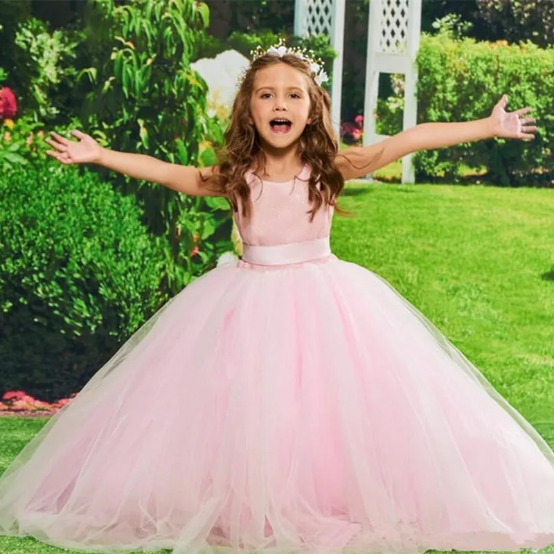 196Simple Design Pink Tulle Flower Girl Dress with Ribbon Keyhole Back Ankle Lenght Cheap Girls Pageant Gowns Sleeveless