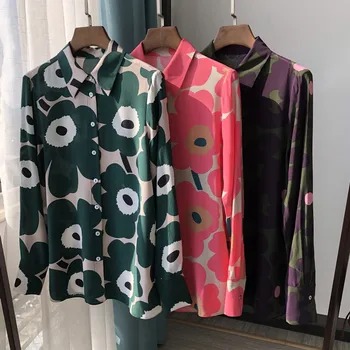 

Women's Long Sleeve Blouse Sun Flower Printed 2020 New Spring Autumn 100% Silk Single-breasted Casual OL office shirts and tops