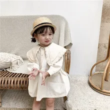 Осеннее модное платье с большим кружевным воротником для девочек повседневные однотонные платья из хлопка в Корейском стиле