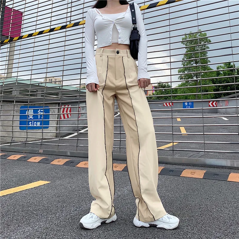 

Women Straight Splicing Striped Pants Trousers Fall Streetwear High-Waist Contrast Color Dance Club Loose Wide-Leg Bottoms Pants